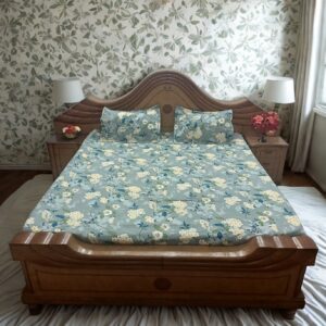 Green Floral Print King Size Flat Bedsheet with 2 Matching Pillow Covers – Yellow & White Design, 86 x 86 Inches