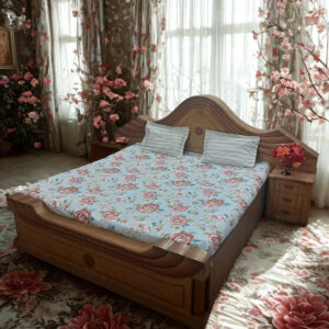 Beautiful Multicolor Big Floral Print King Size Double Bedsheet with 2 Contrast Pillow Covers | 100% Cotton | Sky Blue Background | 108 x 108 Inches