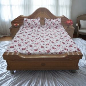 Dark Pink Floral Print Flat Double Bed Bedsheet – Light Pink Background, 90 x 100 Inches, 100% Fine Cotton with 2 Pillow Covers