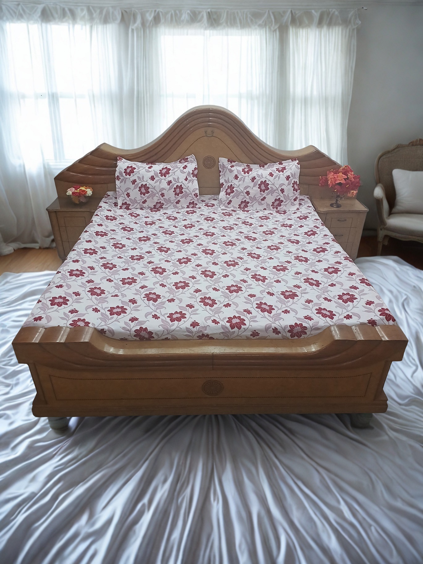 Dark Pink Floral Print Flat Double Bed Bedsheet – Light Pink Background, 90 x 100 Inches, 100% Fine Cotton with 2 Pillow Covers