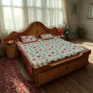 Alternative view of Elegant Cream Floral Bedsheet with Red & Green Botanical Print and Golden Mughal Art Border, King Size 90x108 Inches, Includes 2 Matching Pillow Covers, 100% Cotton