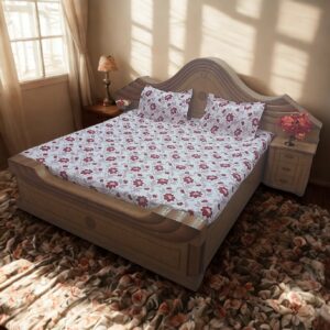 Alternative view of Dark Pink Floral Print Flat Double Bed Bedsheet – Light Pink Background, 90 x 100 Inches, 100% Fine Cotton with 2 Pillow Covers