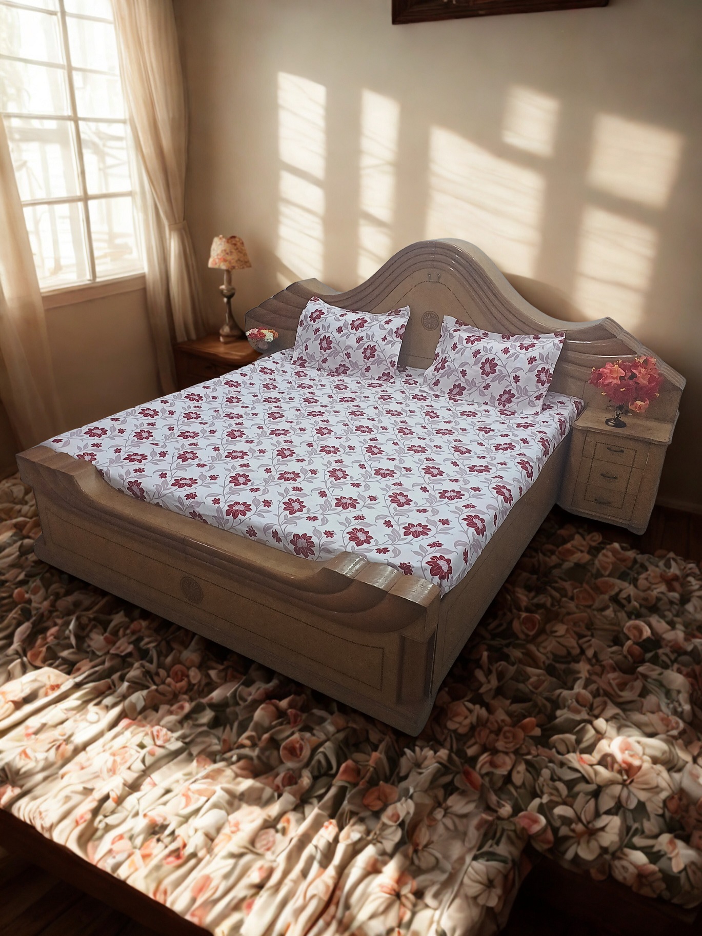 Dark Pink Floral Print Flat Double Bed Bedsheet – Light Pink Background, 90 x 100 Inches, 100% Fine Cotton with 2 Pillow Covers - Image 2