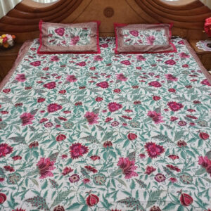Elegant Cream Floral Bedsheet with Red & Green Botanical Print and Golden Mughal Art Border, King Size 90x108 Inches, Includes 2 Matching Pillow Covers, 100% Cotton - Image 3