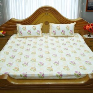 Pink Orange Floral Geometric Double Bedsheet | Fine Cotton Fabric | 108 x 108 Inches | with 2 Pillow Covers