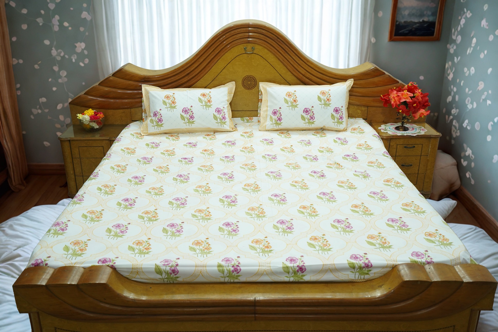 Pink Orange Floral Geometric Double Bedsheet | Fine Cotton Fabric | 108 x 108 Inches | with 2 Pillow Covers