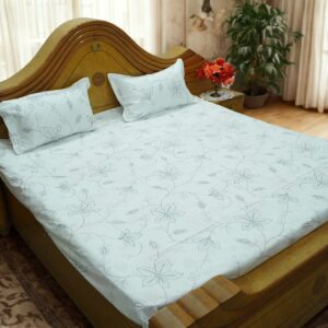 Black Digital Floral Double Bed Bedsheet | White Background | 108 x 108 Inches | with 2 Pillow Covers