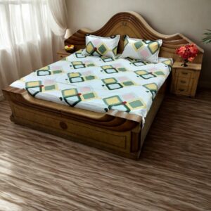 Beautiful Multicolor Square Print King Size Double Bedsheet with 2 Matching Pillow Covers Cotton | Light Cream Background | 108 x 108 Inches