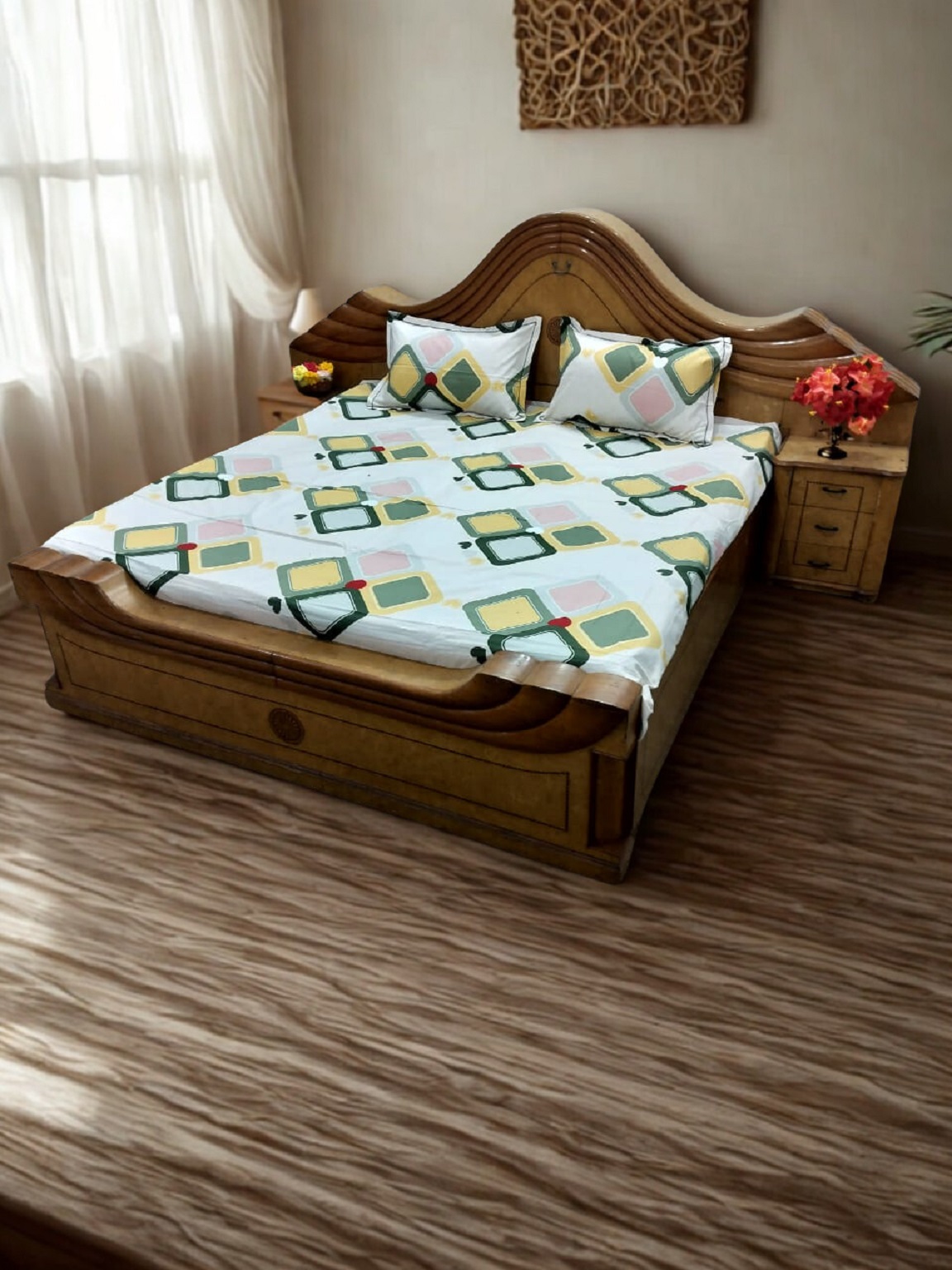 Beautiful Multicolor Square Print King Size Double Bedsheet with 2 Matching Pillow Covers Cotton | Light Cream Background | 108 x 108 Inches