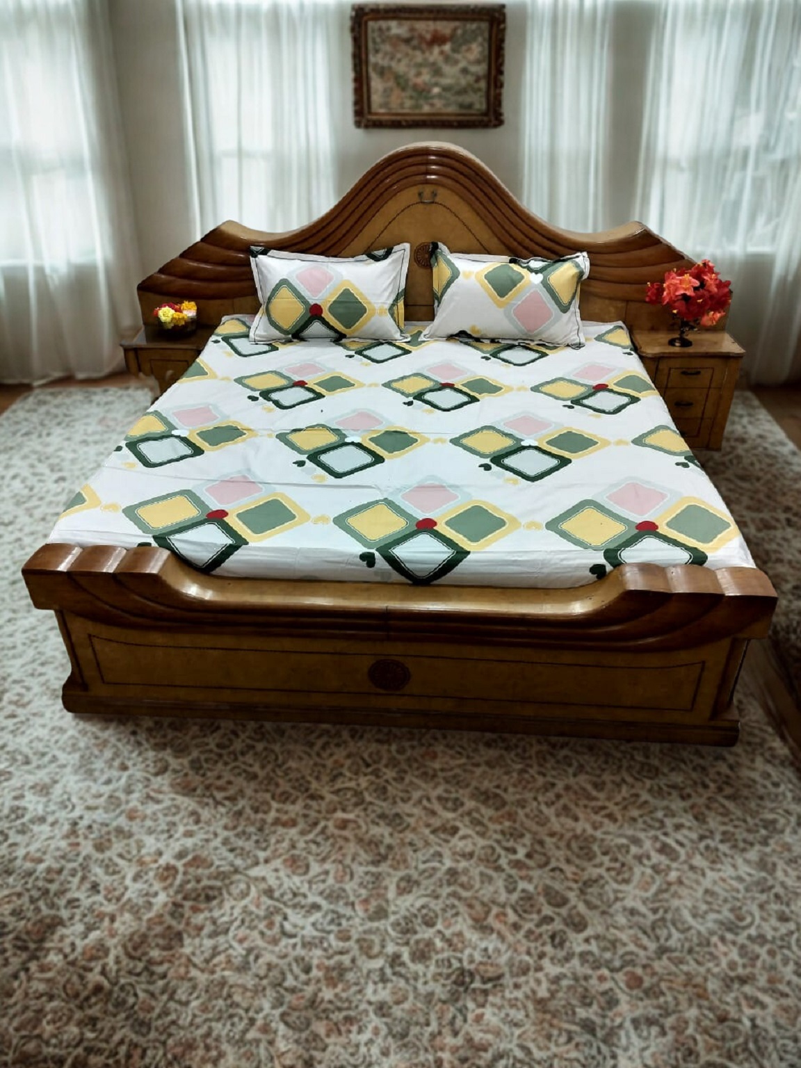 Beautiful Multicolor Square Print King Size Double Bedsheet with 2 Matching Pillow Covers Cotton | Light Cream Background | 108 x 108 Inches - Image 3