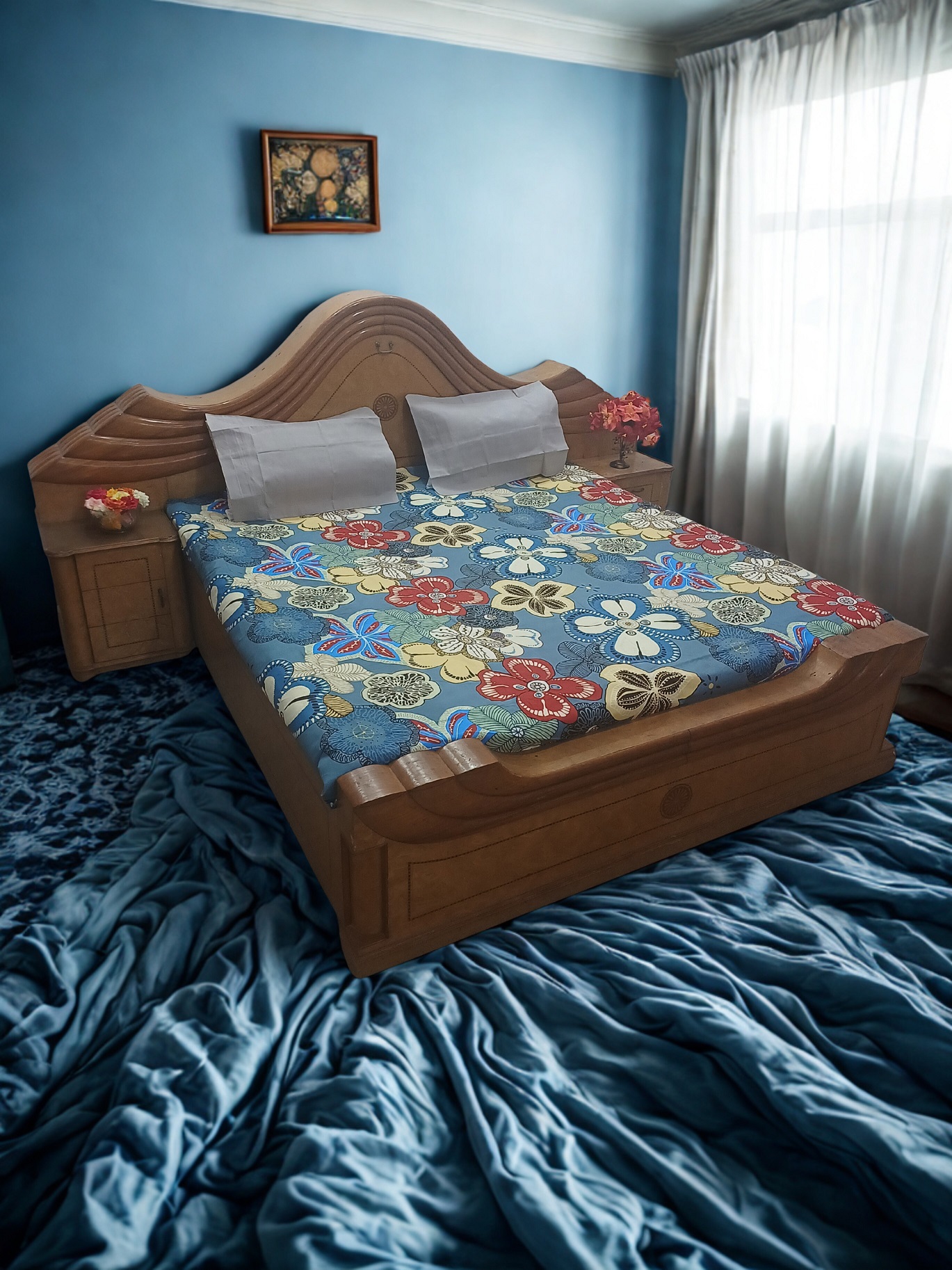 Multicolor Big Floral Print King Size Flat Bedsheet with 2 Pillow Covers – Dark Grey Background, 108 x 108 Inches, 100% Pure Cotton