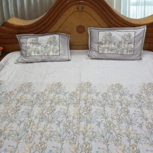 Alternative view of Floral Design Bedsheet with Two Pillow Covers, Light Blue & Beige Print on Grey Background with Subtle Geometric Pattern, King Size 108x108 Inches