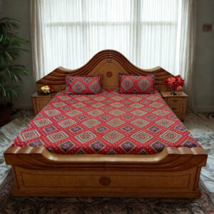 Vibrant Red Ethnic Double Bedsheet with Geometric Star Motifs | 2 Pillow Covers | 90 x 100 Inches