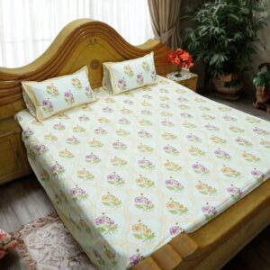 Alternative view of Pink Orange Floral Geometric Double Bedsheet | Fine Cotton Fabric | 108 x 108 Inches | with 2 Pillow Covers
