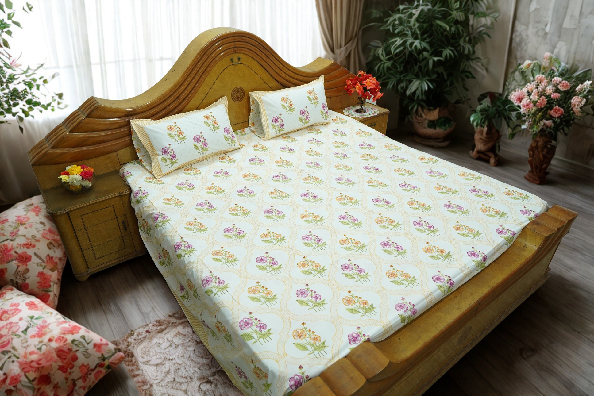 Pink Orange Floral Geometric Double Bedsheet | Fine Cotton Fabric | 108 x 108 Inches | with 2 Pillow Covers - Image 2