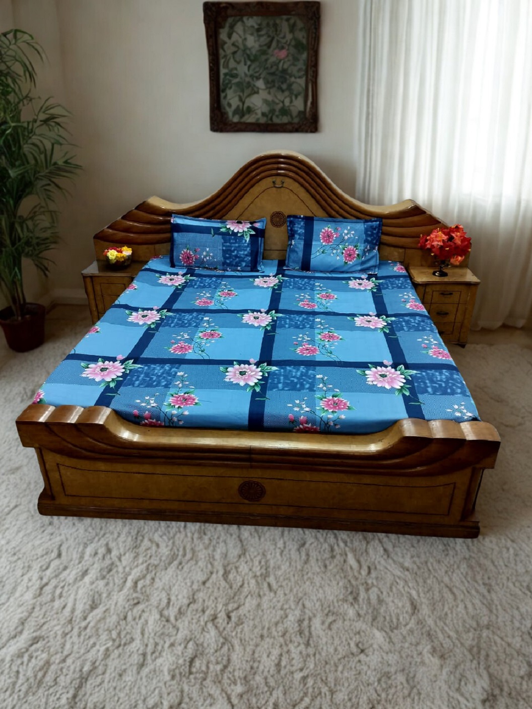 Multicolor Floral Print Flat Double Bedsheet with 2 Pillow Covers | Blue Base | Size 90 x 100 Inches