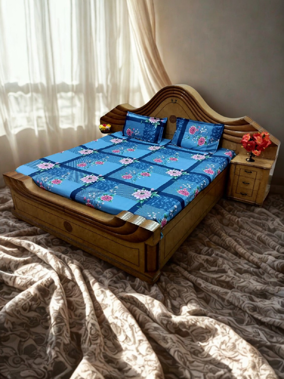 Multicolor Floral Print Flat Double Bedsheet with 2 Pillow Covers | Blue Base | Size 90 x 100 Inches - Image 2