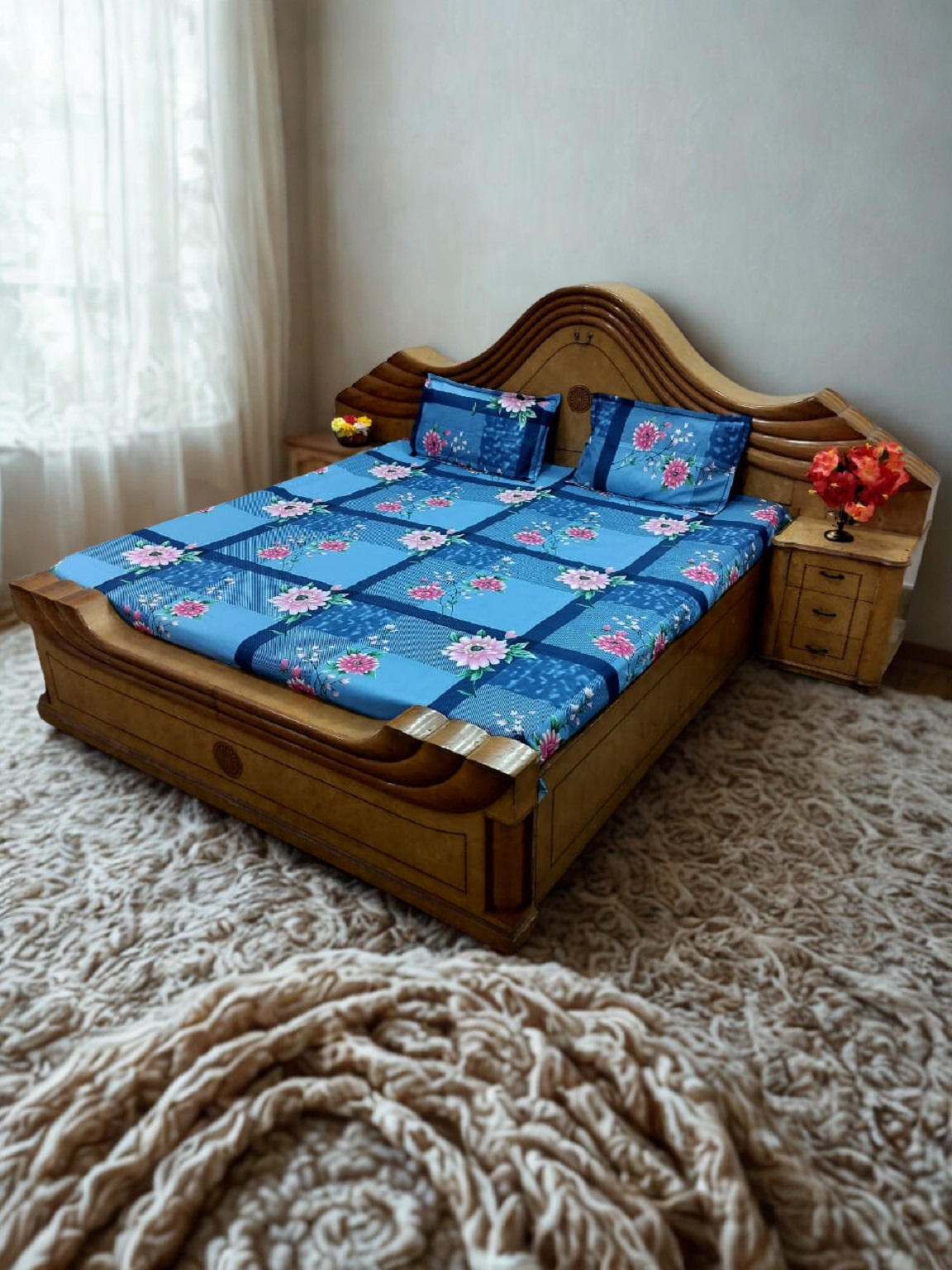 Multicolor Floral Print Flat Double Bedsheet with 2 Pillow Covers | Blue Base | Size 90 x 100 Inches - Image 3