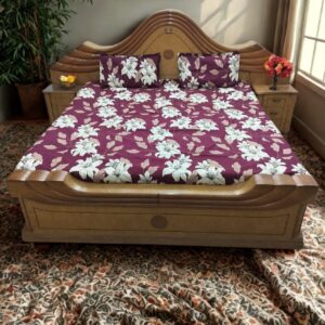 Alternative view of Floral Print Flat Double Bedsheet with 2 Pillow Covers | Large White Flowers on Deep Maroon Background | Size 90 x 100 Inches