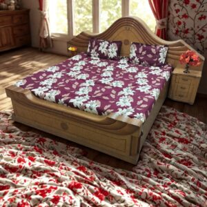 Floral Print Flat Double Bedsheet with 2 Pillow Covers | Large White Flowers on Deep Maroon Background | Size 90 x 100 Inches