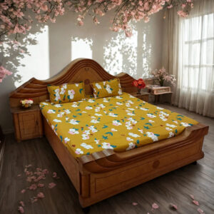 Vibrant Termeric Floral Flat Double Bedsheet with White, Pink & Red Flower Print, Green Leaf Design, 2 Pillow Covers, 90 x 100 Inches