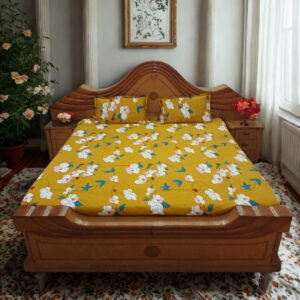 Alternative view of Vibrant Termeric Floral Flat Double Bedsheet with White, Pink & Red Flower Print, Green Leaf Design, 2 Pillow Covers, 90 x 100 Inches