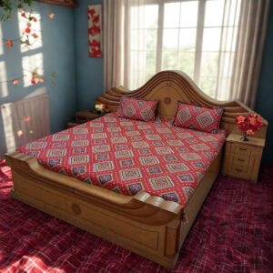 Alternative view of Vibrant Red Ethnic Double Bedsheet with Geometric Star Motifs | 2 Pillow Covers | 90 x 100 Inches