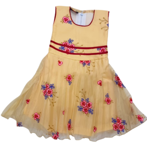 Golden Net Party Frock with Maroon Floral Embroidery for Baby Girls | Soft 3-Layer Net Dress for Birthday & Wedding | Comfortable Kids Wear
