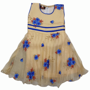 Golden Net Party Frock with Blue Floral Embroidery for Baby Girls | Soft 3-Layers Net Dress for Birthday & Wedding | Comfortable Kids Wear