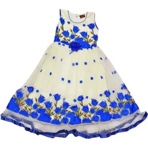 Girls Light Yellow Long Frock with Blue Floral Embroidery | Princess Style Gown | 10-12 Years