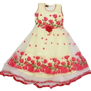Light Yellow Girls Long Frock with Red Floral Embroidery | Princess Gown | 12-14 Years