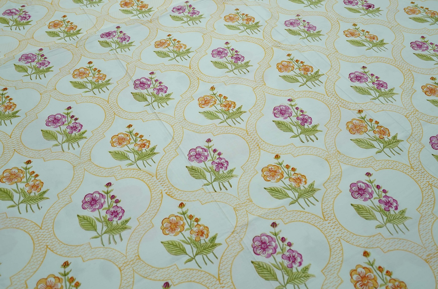 Pink Orange Floral Geometric Double Bedsheet | Fine Cotton Fabric | 108 x 108 Inches | with 2 Pillow Covers - Image 3