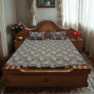 Floral Printed Bedsheet with Light Yellow & Brown Flowers, Grey Leaves on Solid Grey Background | 2 Pillow Covers Included | King Size 90 x 100 Inches