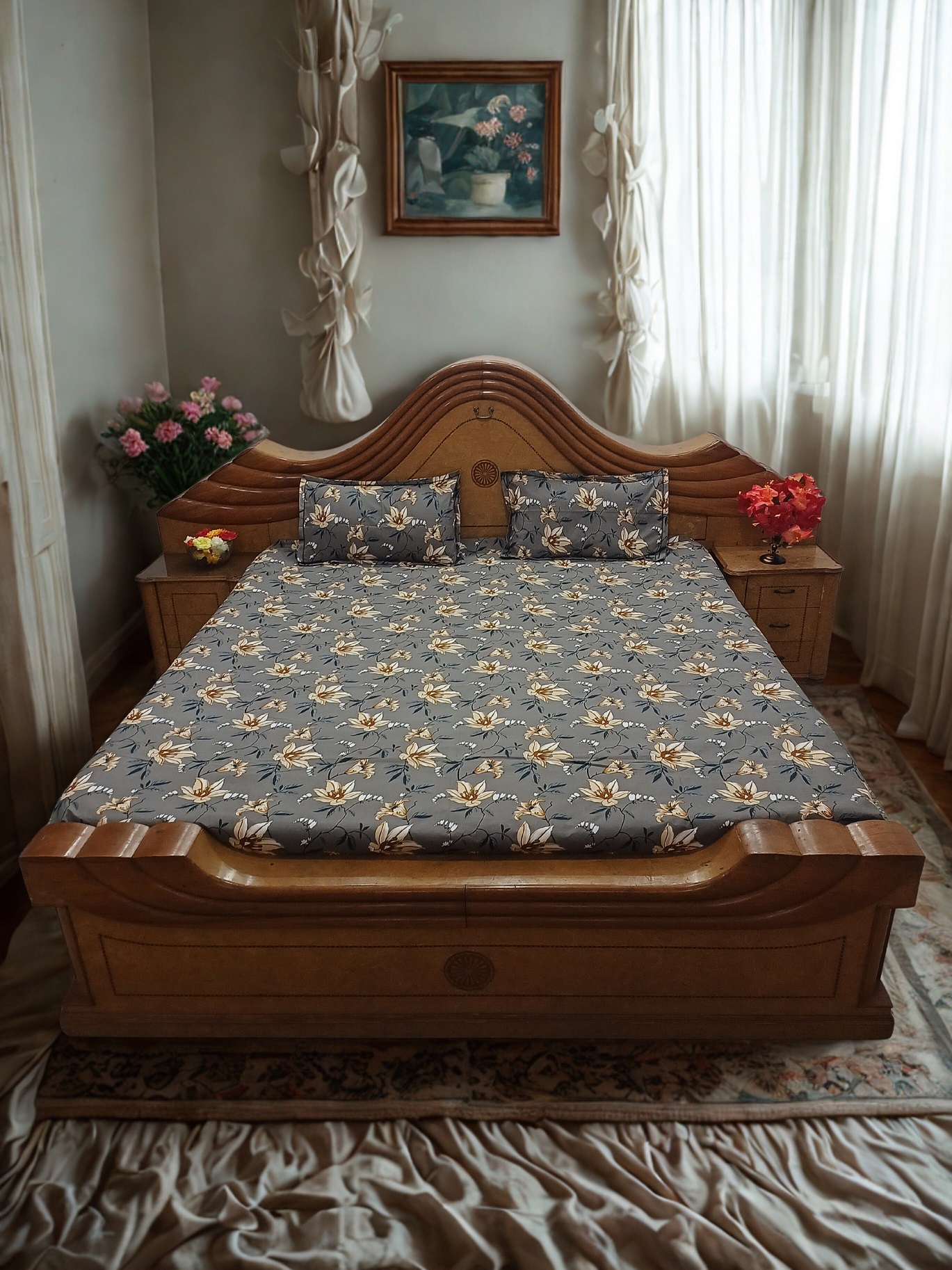 Floral Printed Bedsheet with Light Yellow & Brown Flowers, Grey Leaves on Solid Grey Background | 2 Pillow Covers Included | King Size 90 x 100 Inches