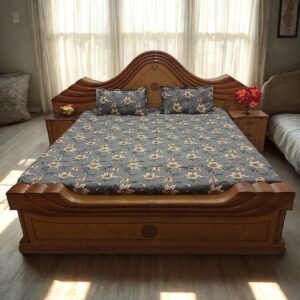 Alternative view of Floral Printed Bedsheet with Light Yellow & Brown Flowers, Grey Leaves on Solid Grey Background | 2 Pillow Covers Included | King Size 90 x 100 Inches