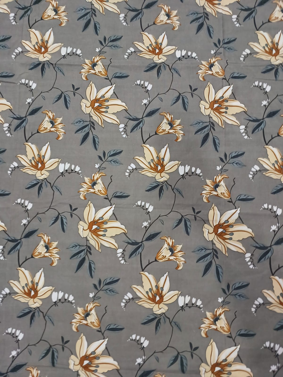 Floral Printed Bedsheet with Light Yellow & Brown Flowers, Grey Leaves on Solid Grey Background | 2 Pillow Covers Included | King Size 90 x 100 Inches - Image 3