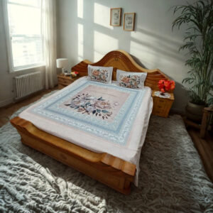 Alternative view of Floral Double Bedsheet with 2 Matching Pillow Covers, Beige & Blue Peony Design, 108 x 108 Inches, Premium Cotton Fine Fiber