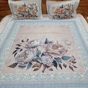 Floral Double Bedsheet with 2 Matching Pillow Covers, Beige & Blue Peony Design, 108 x 108 Inches, Premium Cotton Fine Fiber - Image 3