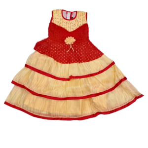 Golden and Maroon Soft Net Frock for Girls (8–9 Years), 6 Layer Embroidered Dress