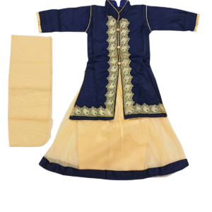 Beautiful Dark Blue Floral Golden Embroidery Kurta Set with Golden Skirt and Dupatta for Kid Girls (5–7 Years)