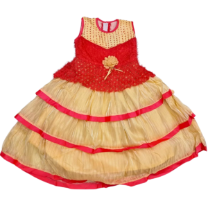 Golden and Red Soft Net Frock for Baby Girls (6–8 Years), 6 Layer Embroidered Dress
