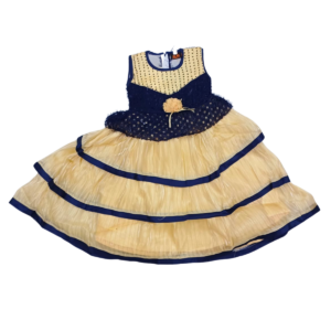 Golden and Blue Soft Net Frock for Baby Girls (3–5 Years), 6 Layer Embroidered Dress