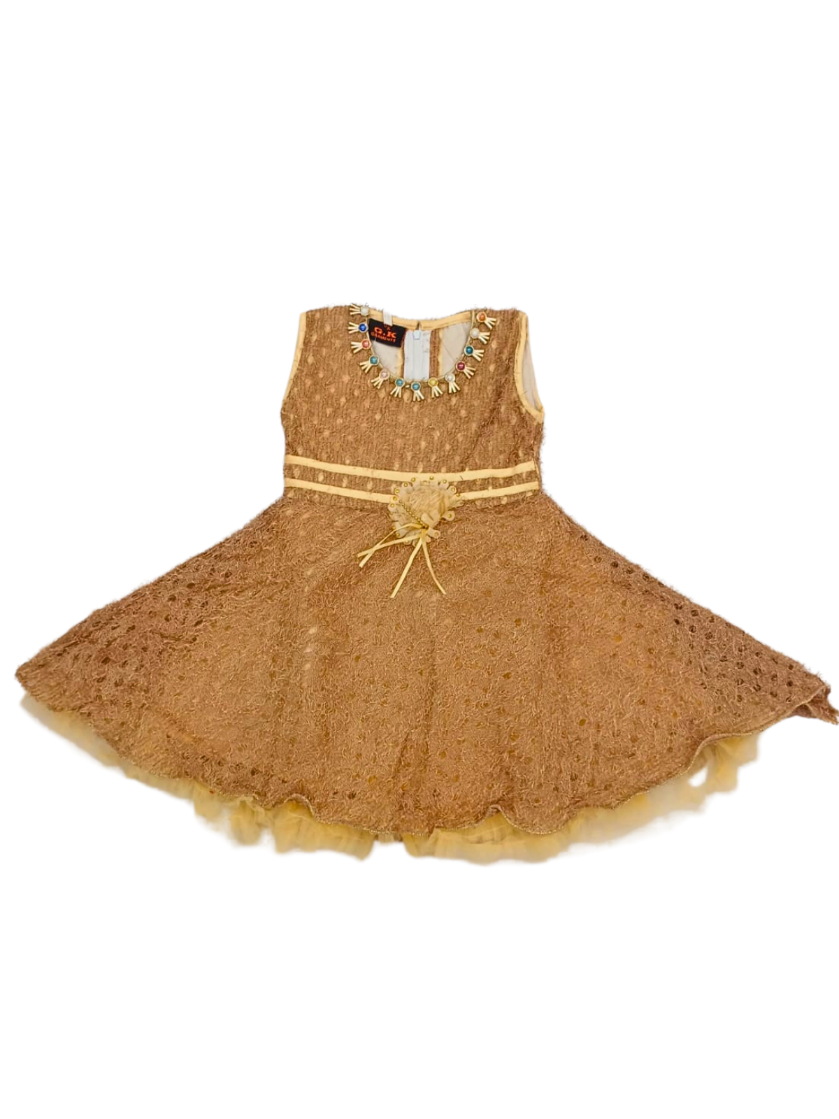 Golden Satin Feather Frock for Baby Girls | 4-Layer Dress | Size 3–4 Years | Fancy Birthday, Wedding & Festive Dress for Kids
