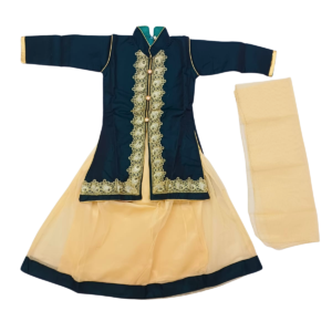 Beautiful Dark Green Floral Golden Embroidery Kurta Set with Golden Skirt and Dupatta for Kid Girls (5–7 Years)