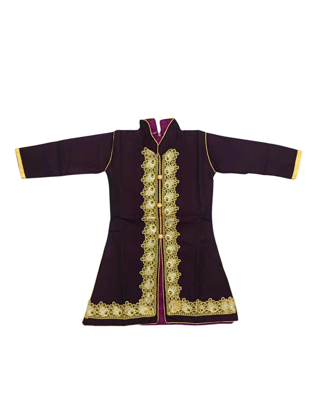 Beautiful Dark Violet Golden Floral Embroidery Kurta Set with Golden Skirt and Dupatta for Kid Girls (5–7 Years) - Image 3