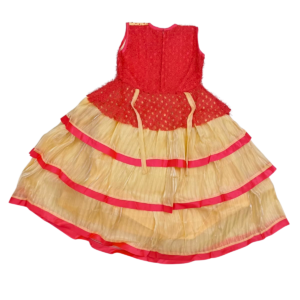 Alternative view of Golden and Red Soft Net Frock for Baby Girls (6–8 Years), 6 Layer Embroidered Dress