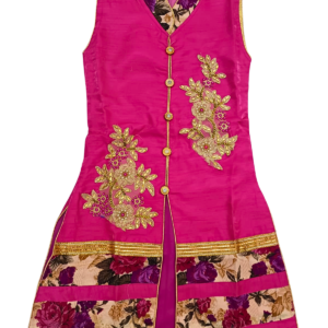 Pink Floral Embroidered Kurta Skirt Set with Dupatta for Girls | Golden Work Ethnic Outfit for Parties & Special Occasions | Age 7–8 Years - Image 3