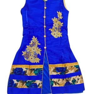 Blue Floral Embroidered Kurta Skirt Set with Dupatta for Girls | Golden Work Ethnic Outfit for Parties & Special Occasions | Age 9–10 Years - Image 3