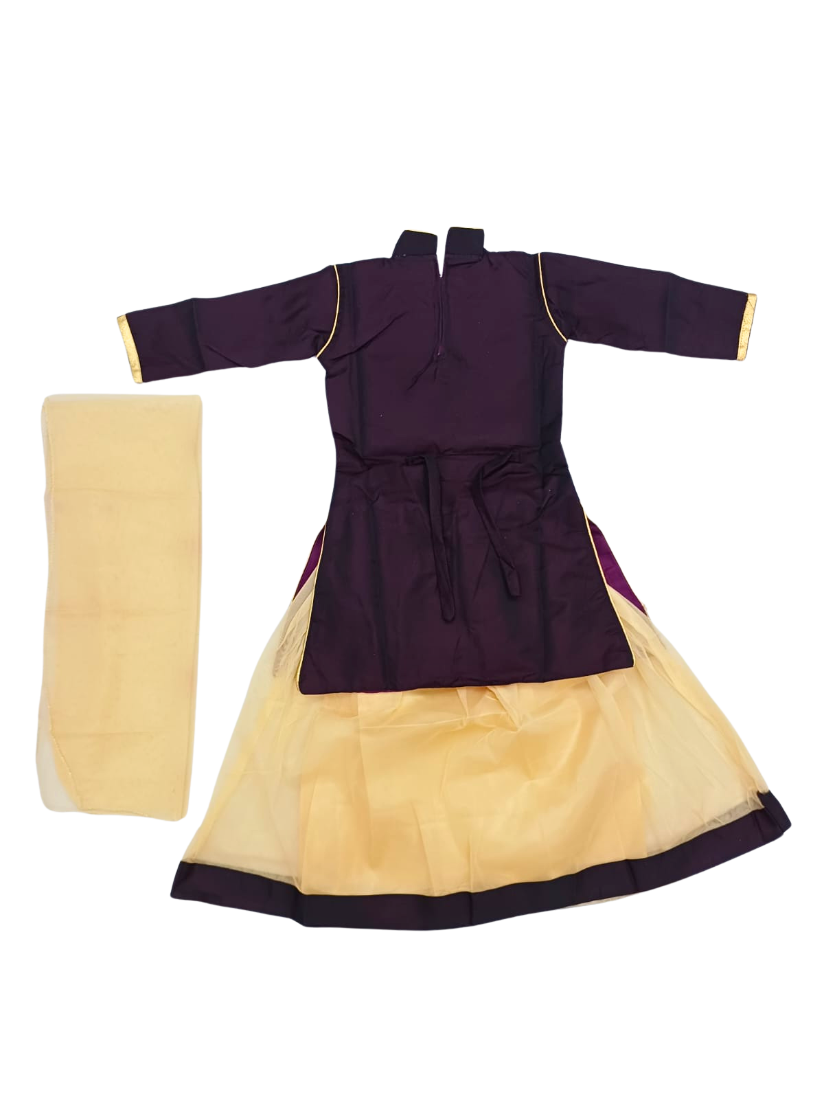Beautiful Dark Violet Golden Floral Embroidery Kurta Set with Golden Skirt and Dupatta for Kid Girls (5–7 Years) - Image 2