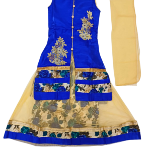 Blue Floral Embroidered Kurta Skirt Set with Dupatta for Girls | Golden Work Ethnic Outfit for Parties & Special Occasions | Age 9–10 Years